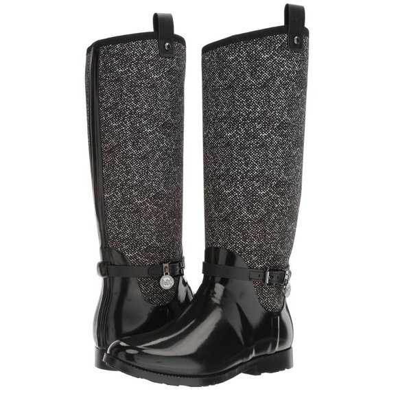 Michael Kors MK CHARM Black White Stretch Tall Rain Boots Shoes Flats NEW - Picture 1 of 5